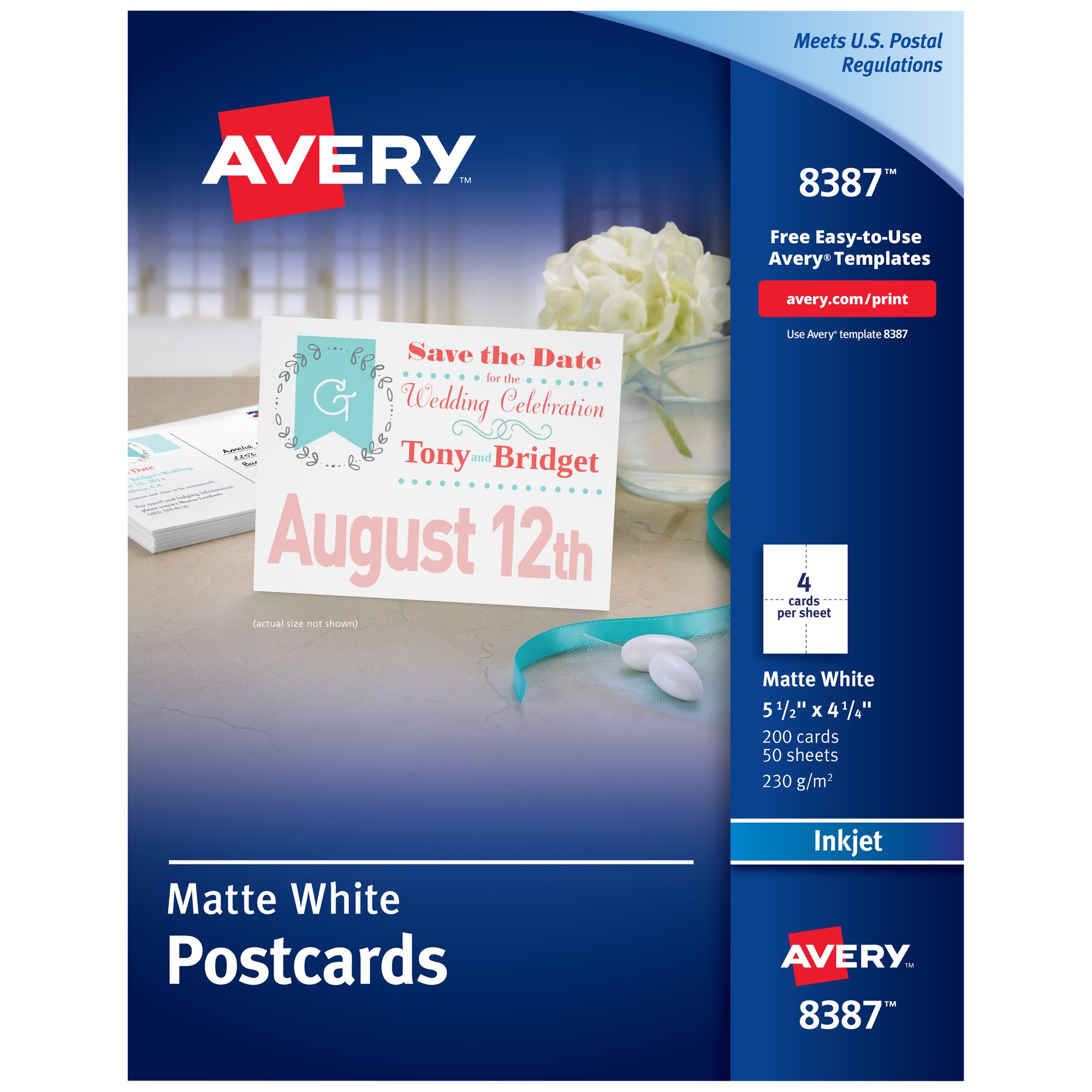 Postcards for Inkjet Printers, 4 1/4 x 5 1/2, Matte White, 4/Sheet, 200/Box