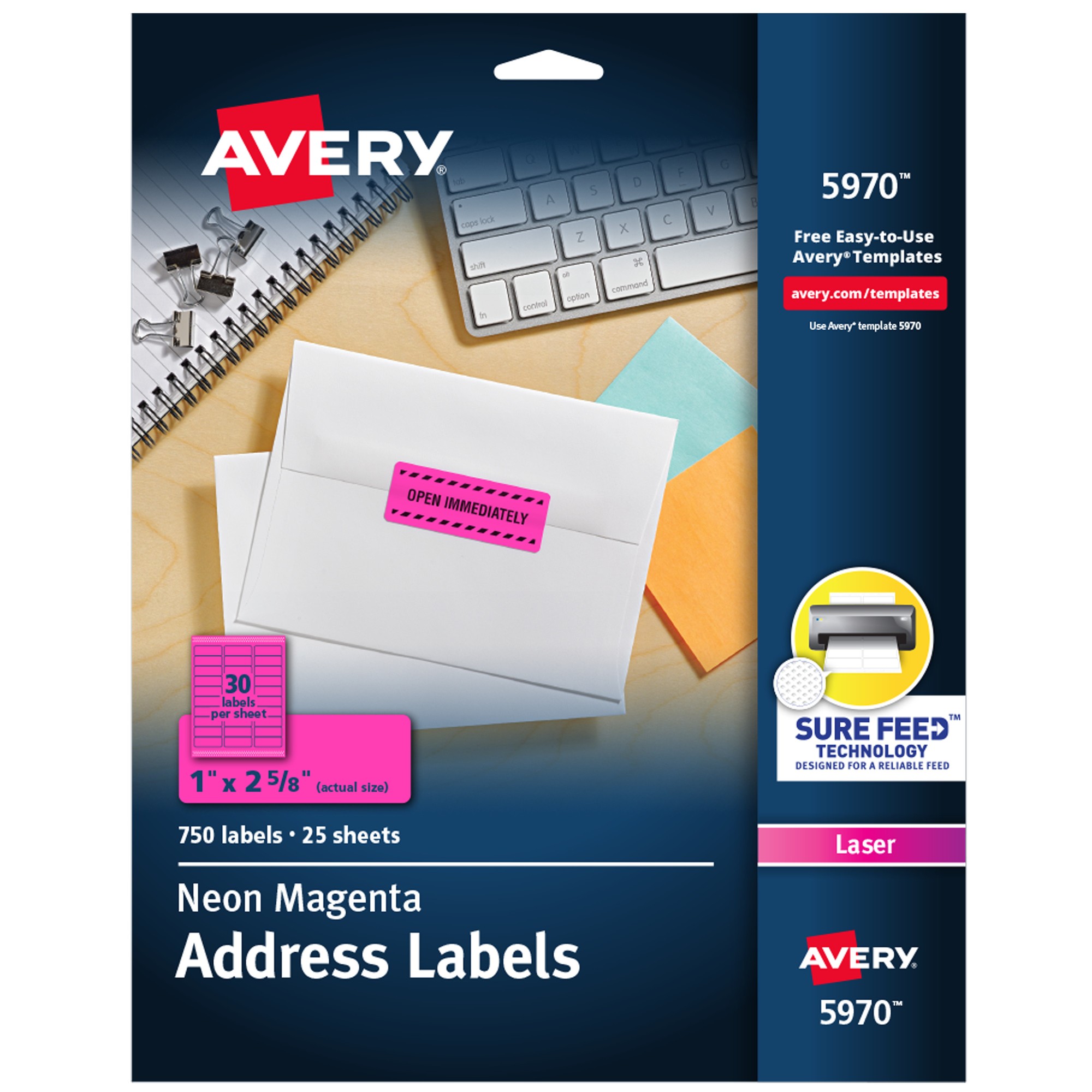 High-Visibility Labels, Permanent Adhesive, Neon Magenta, 1" x 2-5/8", 750 Labels