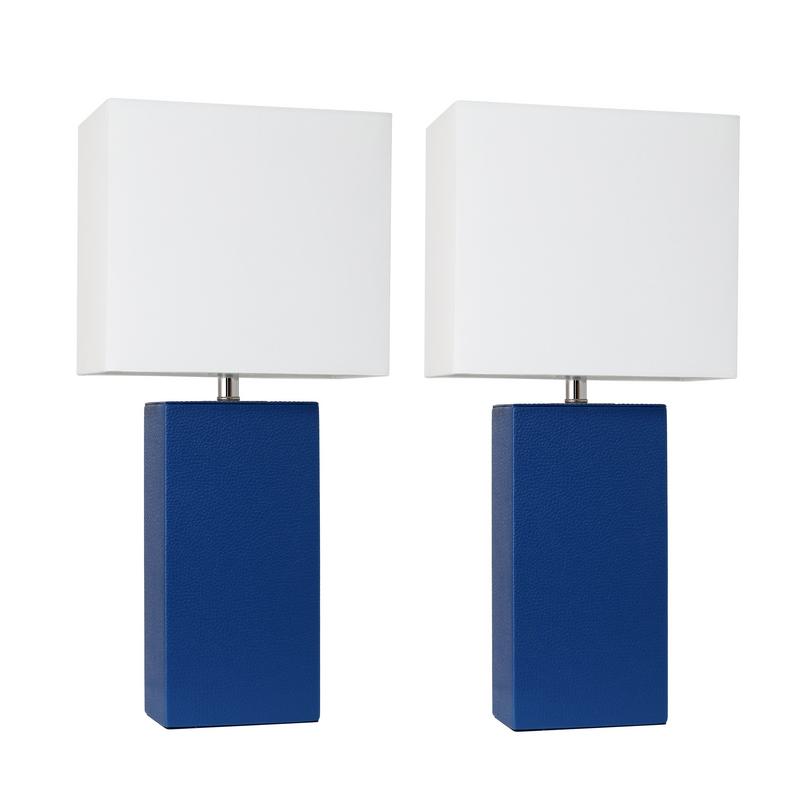 Elegant Designs 2 Pack Modern Leather Table Lamps with White Fabric Shades, Blue