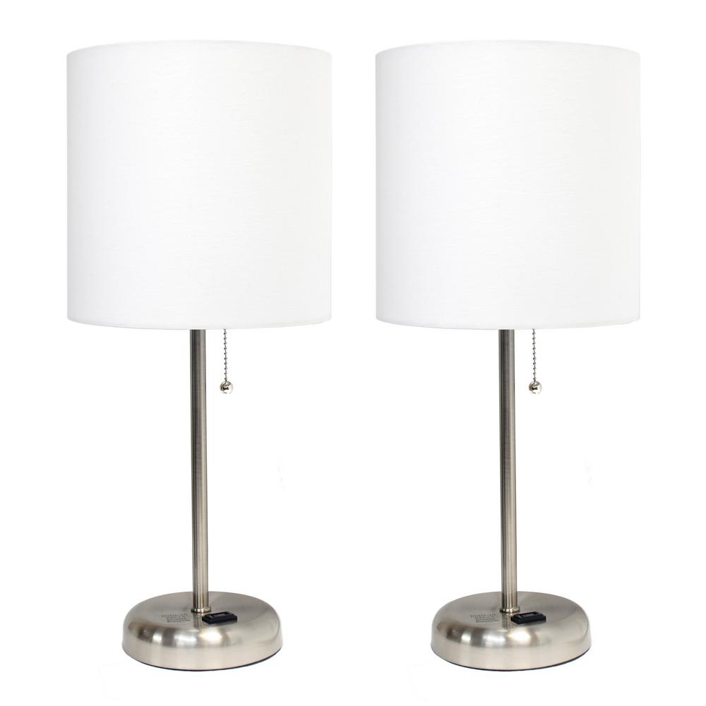 LimeLights Brushed Steel Stick Lamp with Charging Outlet and Fabric Shade 2 Pack Set, White