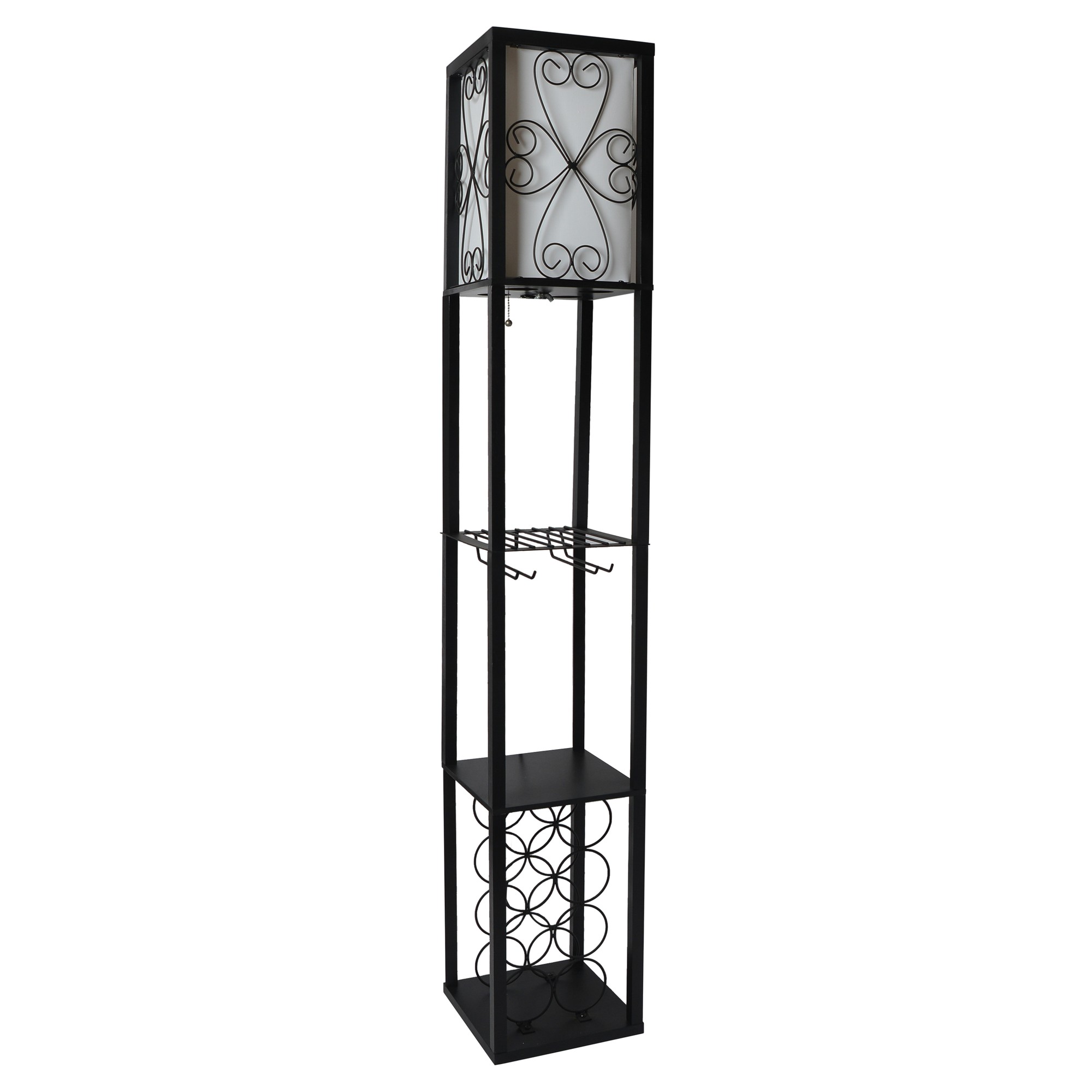 Simple Designs Floor Lamp Etagere Organizer Storage Shelf and Wine Rack with Linen Shade 