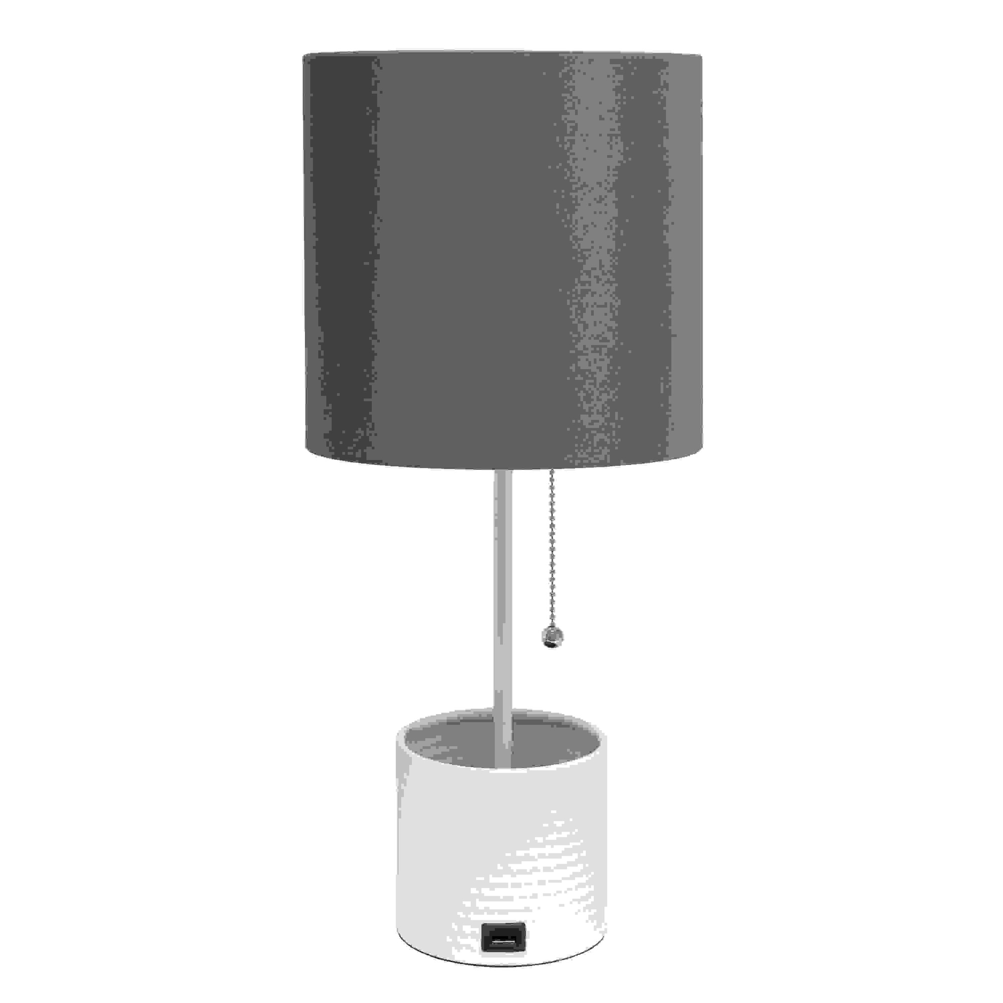 Simple Designs White Hammered Metal Organizer Table Lamp with USB charging port and Fabric Shade, Gray
