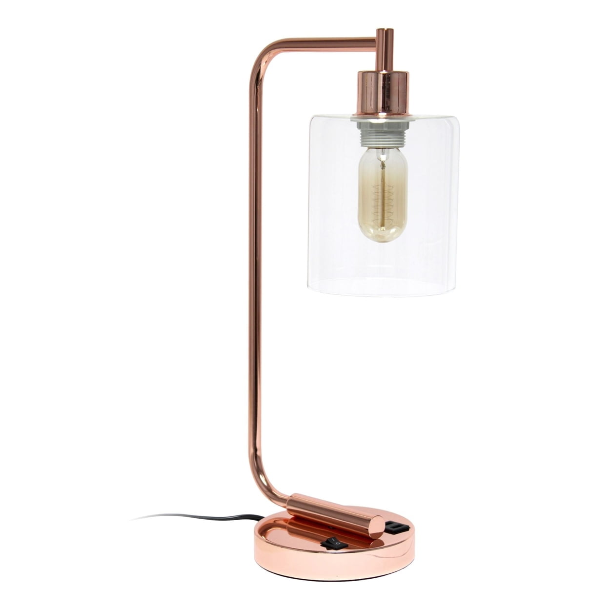 Lalia Home Modern Iron Desk Lamp with USB Port and Glass Shade, Rose Gold