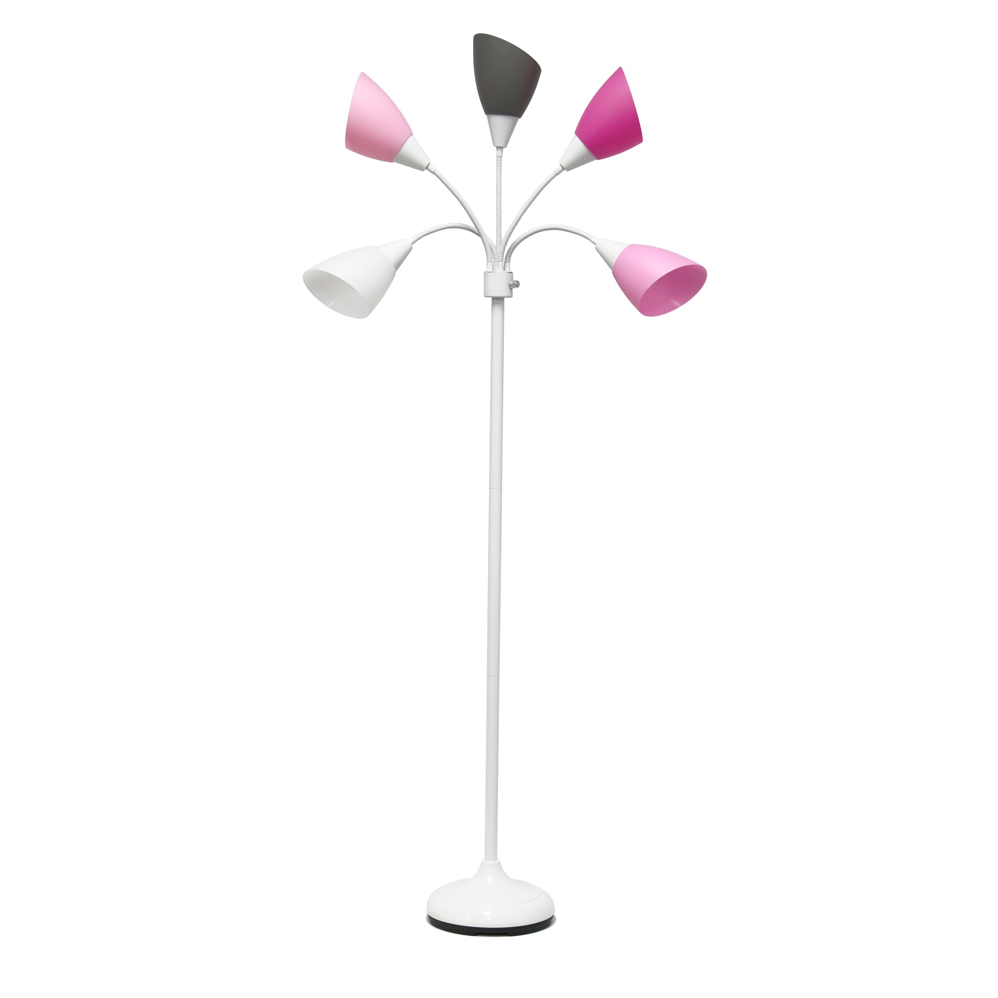 Simple Designs 67" Contemporary Multi Head Medusa 5 Light Adjustable Gooseneck White Floor Lamp with Pink, White, Gray Shades
