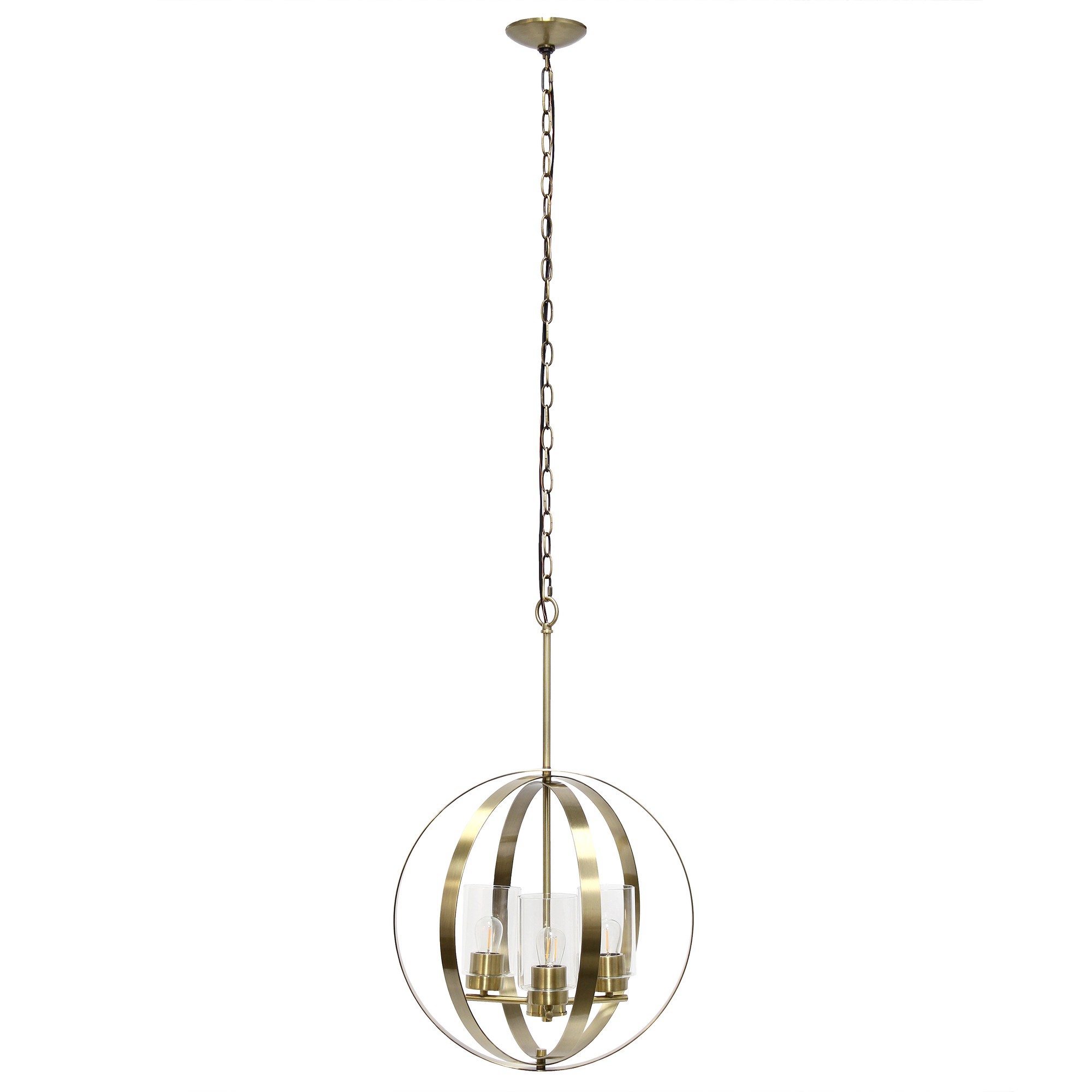 Lalia Home 3-Light 18" Adjustable Industrial Globe Hanging Metal and Clear Glass Ceiling Pendant, Antique Brass