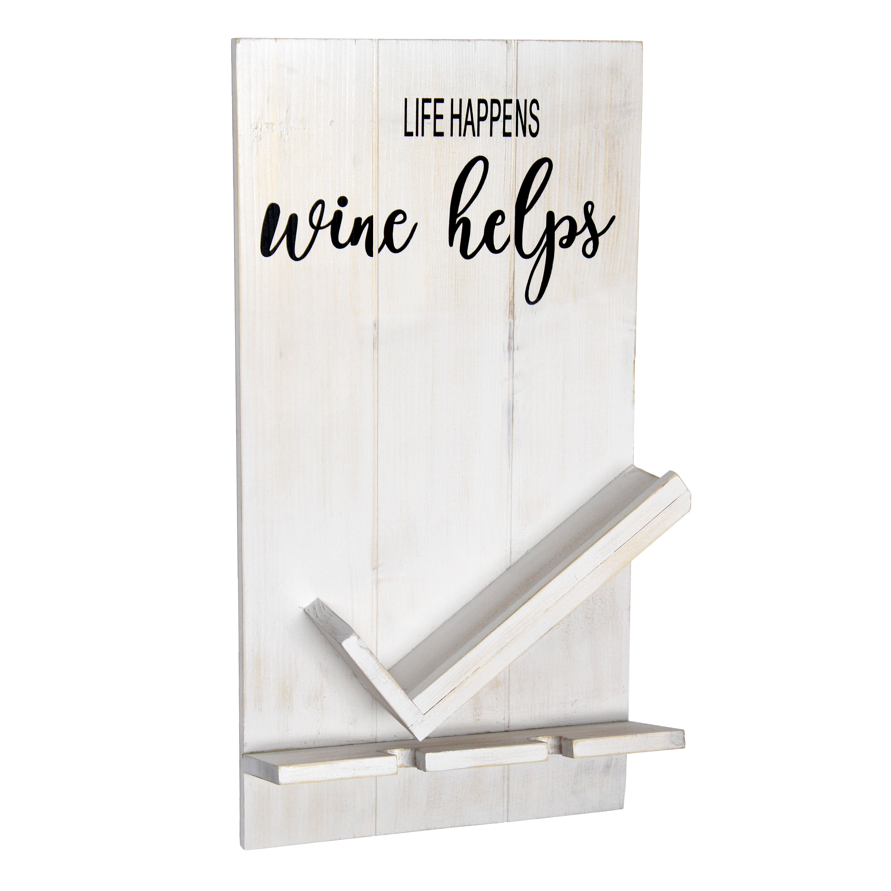 Elegant Designs Lucca Wall Mounted Wooden (Life Happens Wine Helps Wine Bottle Shelf with Glass Holder, White Wash