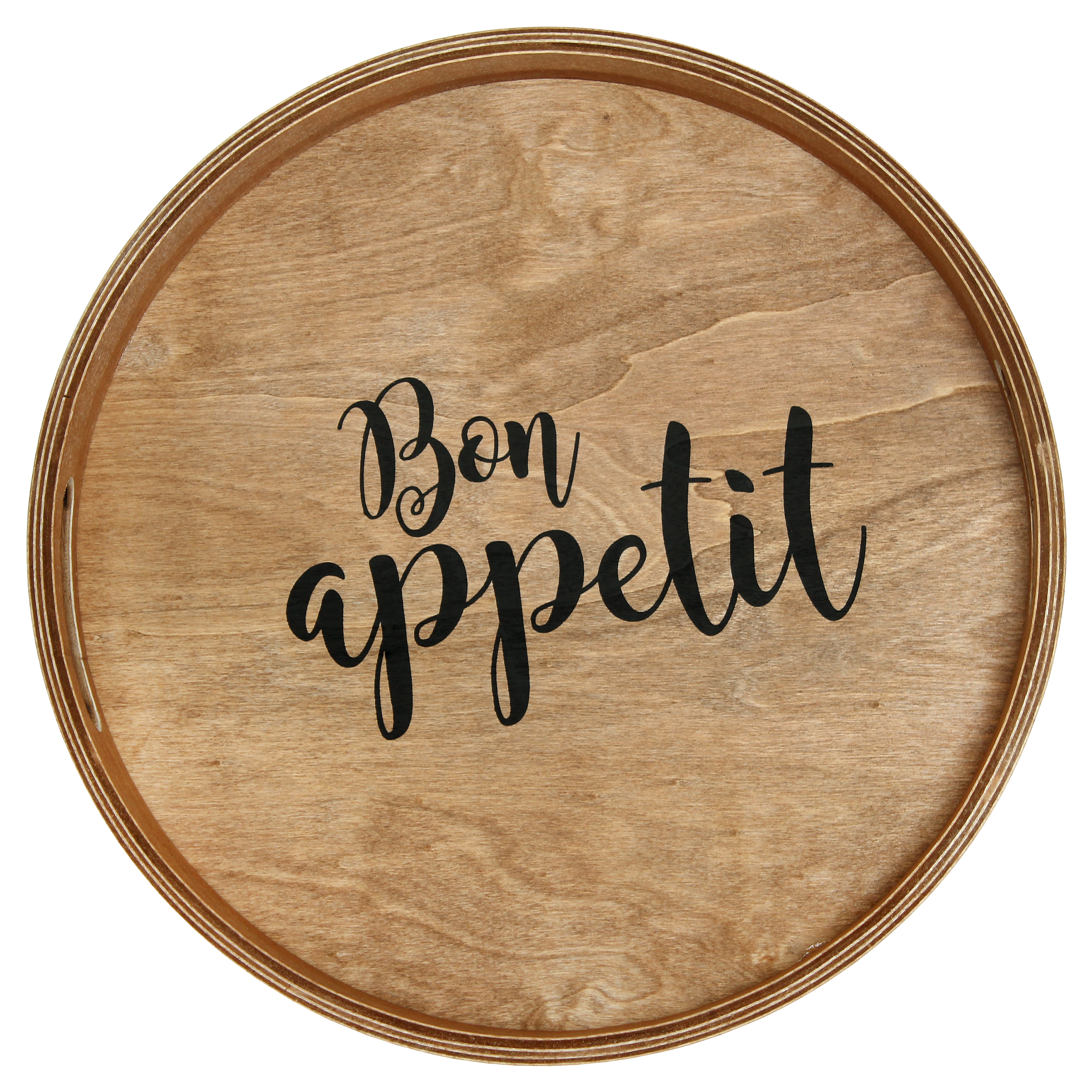 Elegant Designs Decorative 13.75" Round Wood Serving Tray w/ Handles, "Bon Appetit"