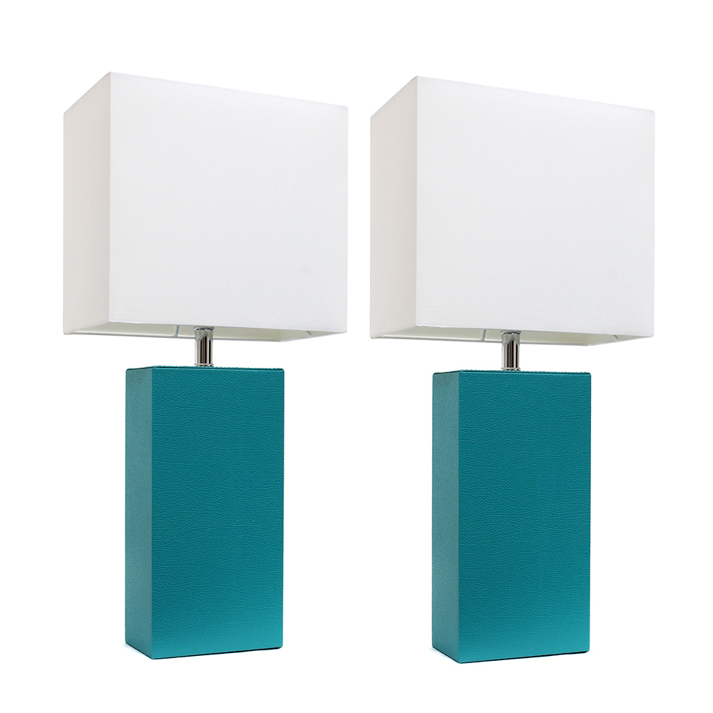Elegant Designs 2 Pack Modern Leather Table Lamps with White Fabric Shades, Teal