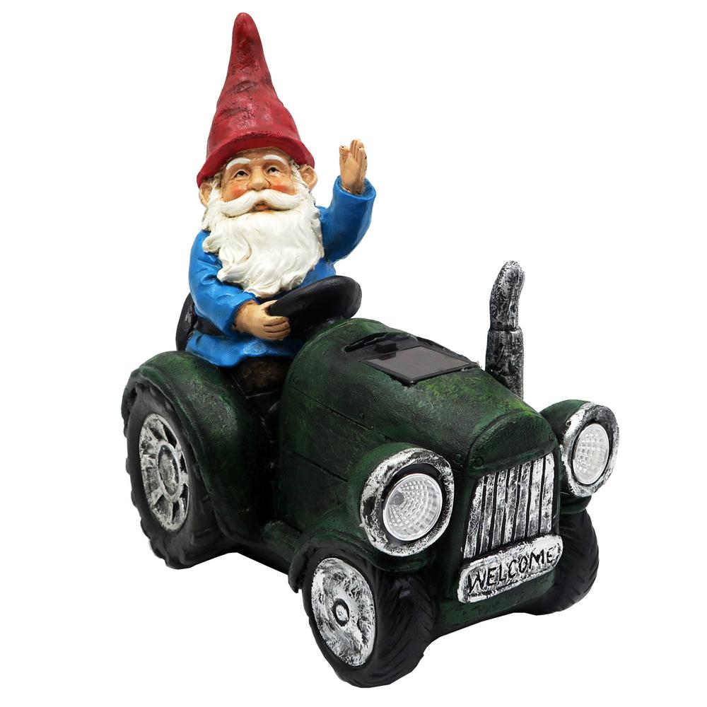 Solar Green Tractor Riding Gnome with Cool White LED Lights