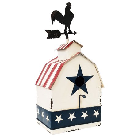 White Patriotic Birdhouse with Rooster Vane Top