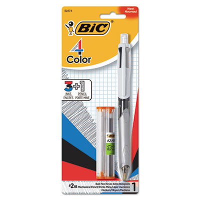 3 + 1 Retractable Ballpoint Pen/Pencil, Black/Blue/Red Ink, Gray/White Barrel
