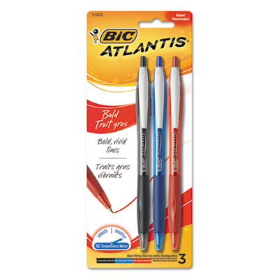 Atlantis Bold Retractable Ball Pen, Assorted Ink, 3/Pack