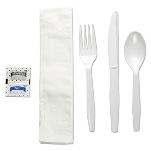 Six-Piece Cutlery Kit, Condiment/Fork/Knife/Napkin/Teaspoon, White, 250/Case