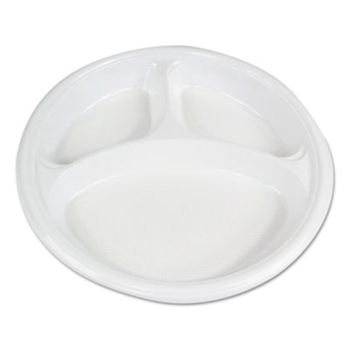 Hi-Impact Plastic Dinnerware, Plate, 10" Diameter, 3 Compartments, White, 500/Carton