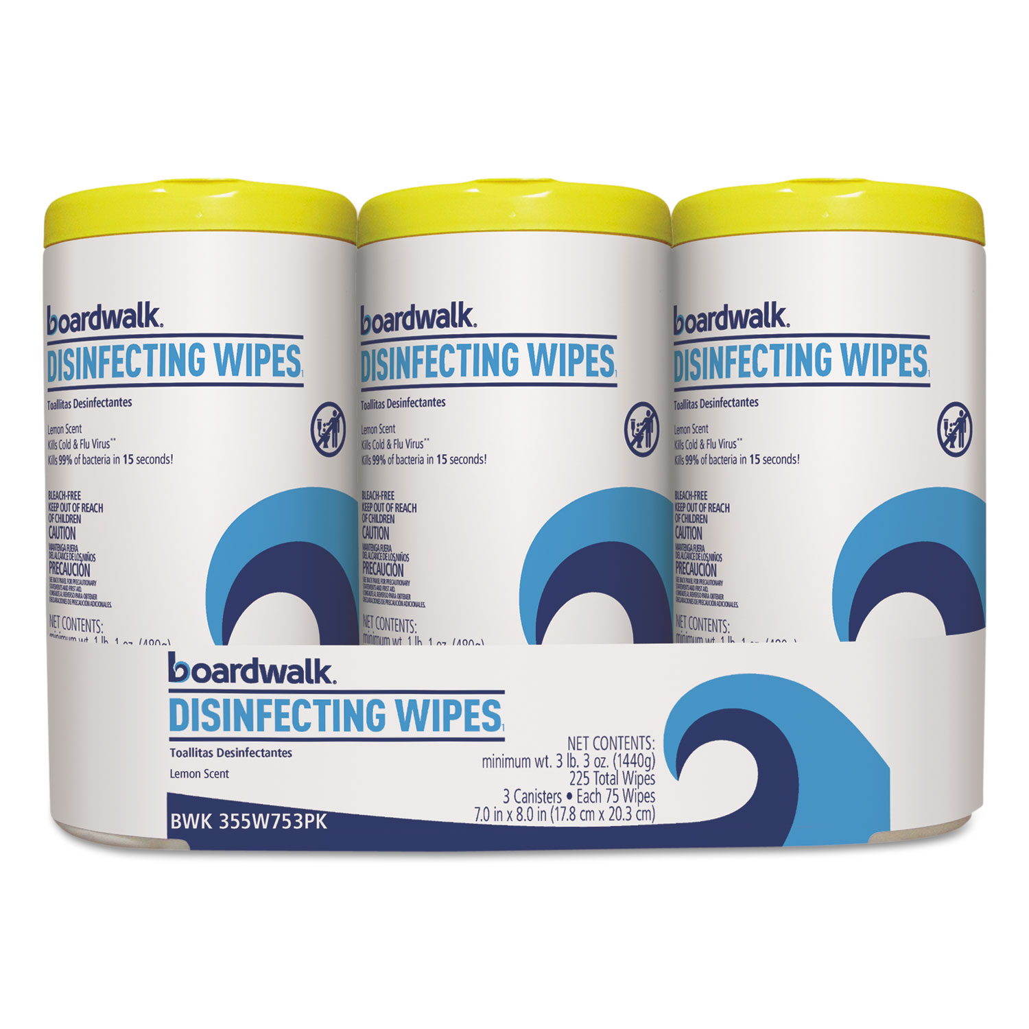 Disinfecting Wipes, 8 x 7, Lemon Scent, 75/Canister, 3 Canisters/Pack, 4/Pks/Ct