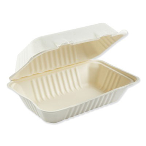 Bagasse Molded Fiber Food Containers, Hinged-Lid, 1-Compartment 9 x 6, White, 125/Sleeve, 2 Sleeves/Carton