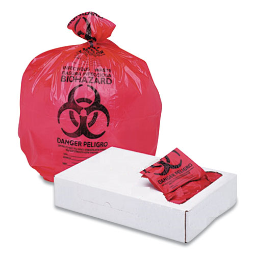Linear Low Density Health Care Trash Can Liners, 45 gal, 1.3 mil, 40 x 46, Red, 100/Case
