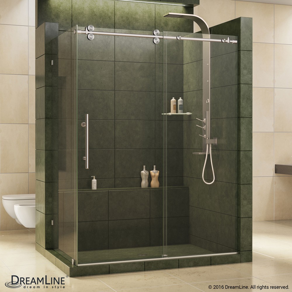 DreamLine Enigma 36 in. D x 60 1/2 in. W x 79 in. H Frameless Sliding Shower Enclosure in Polished Stainless Steel, 1/2 in. Glas