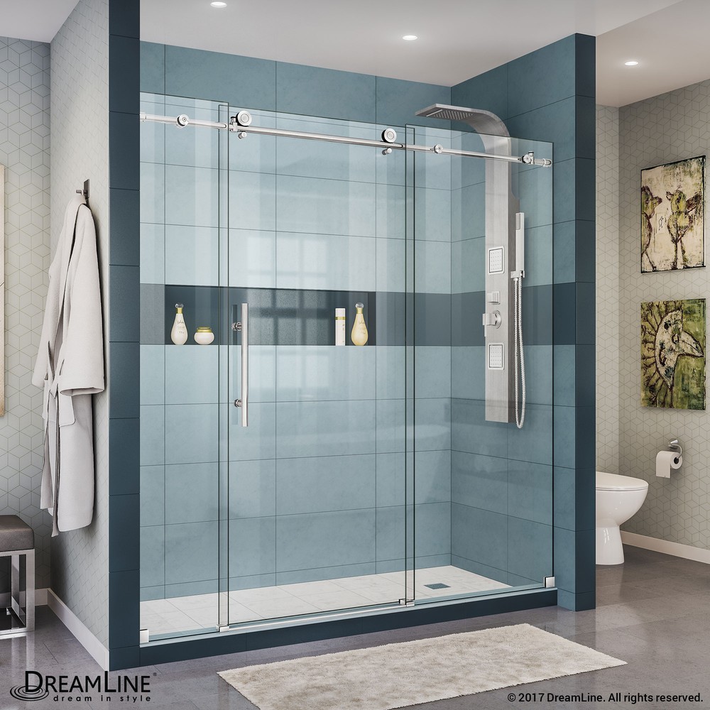Enigma-X 56 to 60" Fully Frameless Sliding Shower Door, Clear 3/8" Glass Door, Brushed Stainless Steel Finish