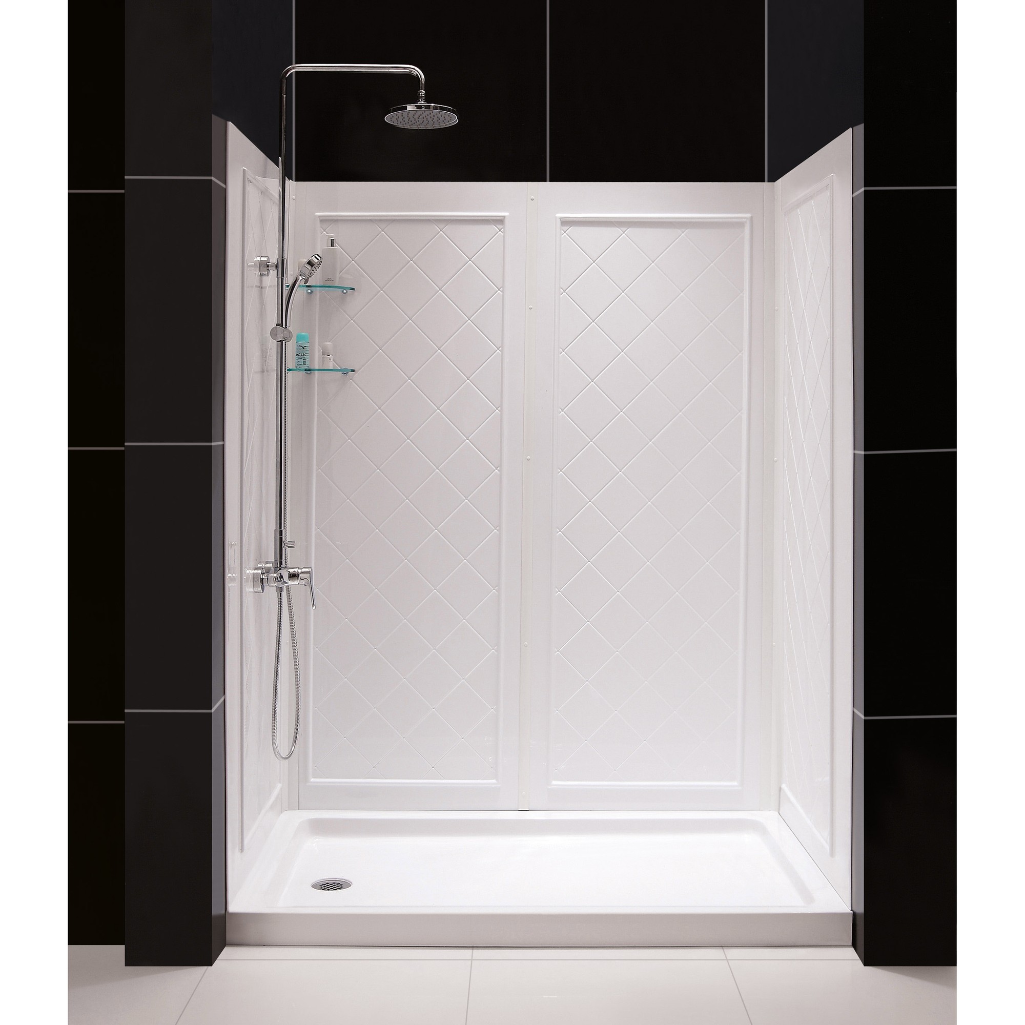 DreamLine 32 in. D x 32 in. W x 76 3/4 in. H Center Drain Acrylic Shower Base and QWALL-5 Backwall Kit In White