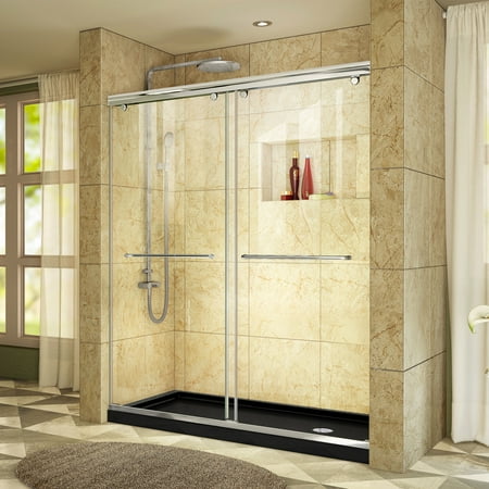 DreamLine Charisma 36 in. D x 60 in. W x 78 3/4 in. H Bypass Shower Door in Chrome with Right Drain Black Base Kit