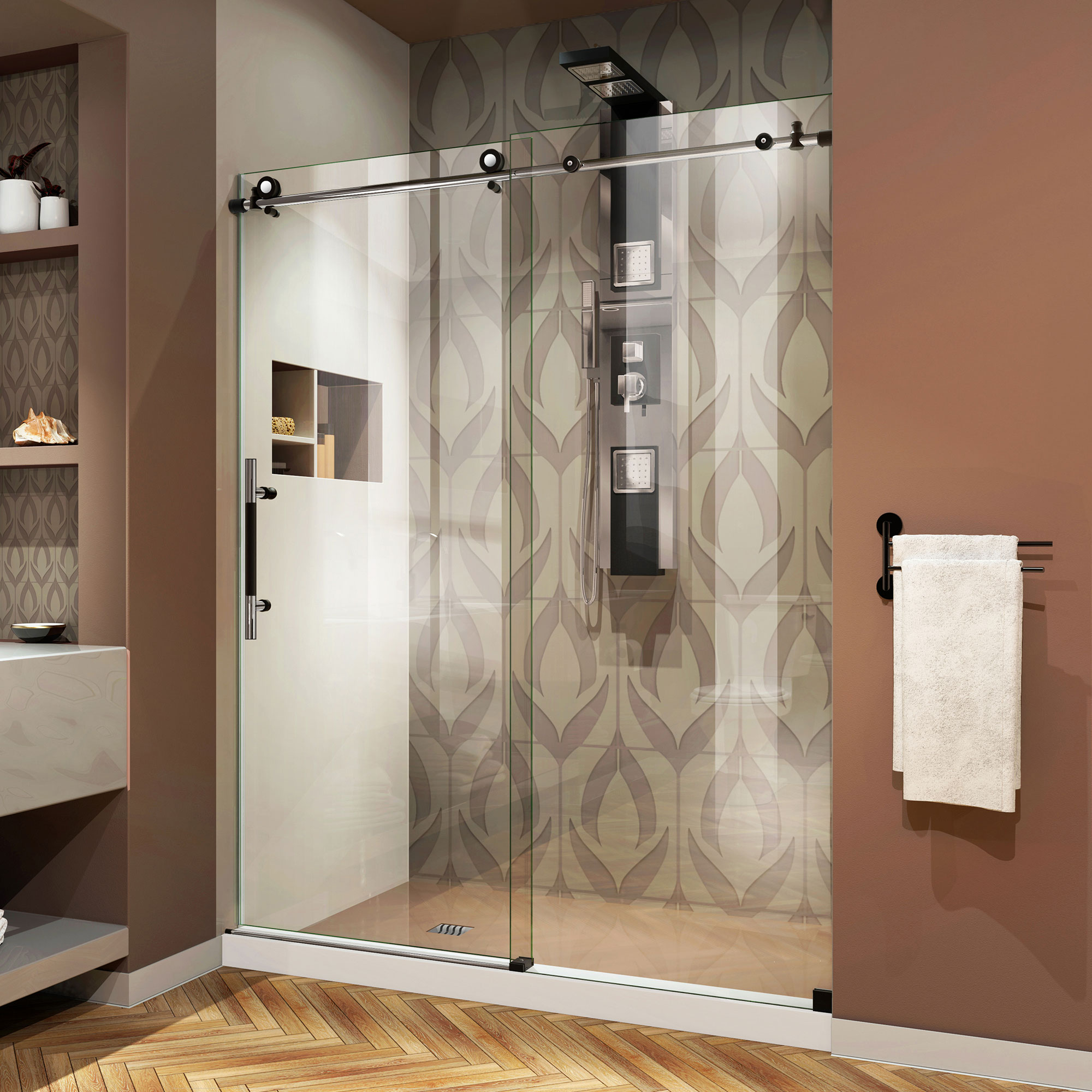 DreamLine Enigma-X 34 1/2 in. D x 72 3/8 in. W x 76 in. H Fully Frameless Sliding Shower Enclosure in Polished Stainless Steel