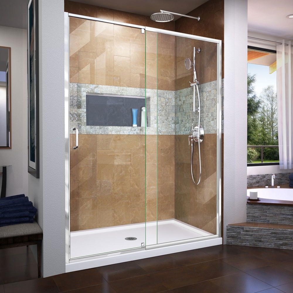 DreamLine Flex 30 in. D x 60 in. W x 76 3/4 in. H Pivot Shower Door in Chrome with Right Drain White Base and Backwall Kit