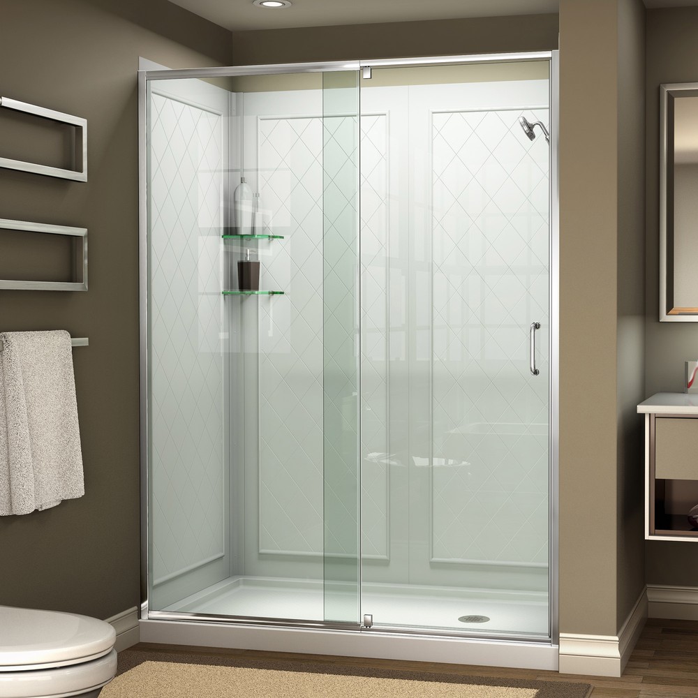 DreamLine Flex 34 in. D x 60 in. W x 76 3/4 in. H Pivot Shower Door in Chrome with Left Drain White Base and Backwall Kit