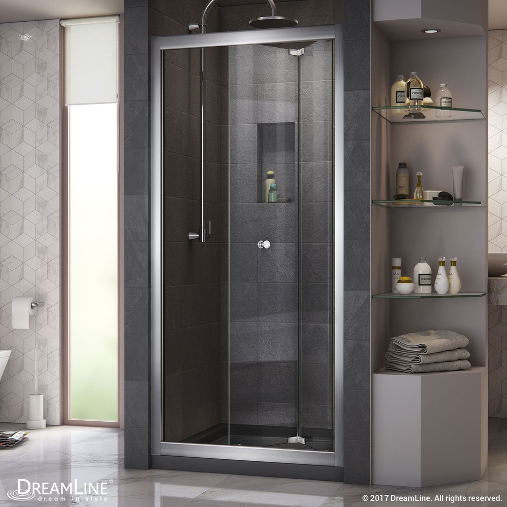 DreamLine Butterfly 36 in. D x 36 in. W x 74 3/4 in. H Sliding Bi-Fold Shower Door in Chrome with Center Drain Biscuit Base Kit