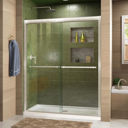 DreamLine Duet 34 in. D x 60 in. W x 74 3/4 in. H Bypass Shower Door in Brushed Nickel with Center Drain Biscuit Base Kit