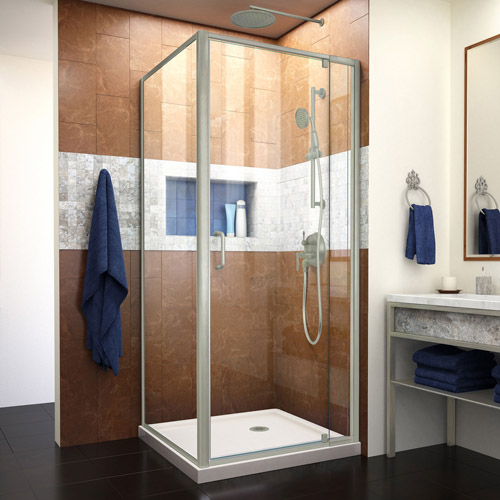 DreamLine Flex 32 in. D x 32 in. W x 74 3/4 in. H Semi-Frameless Pivot Shower Enclosure in Brushed Nickel and Biscuit Base Kit