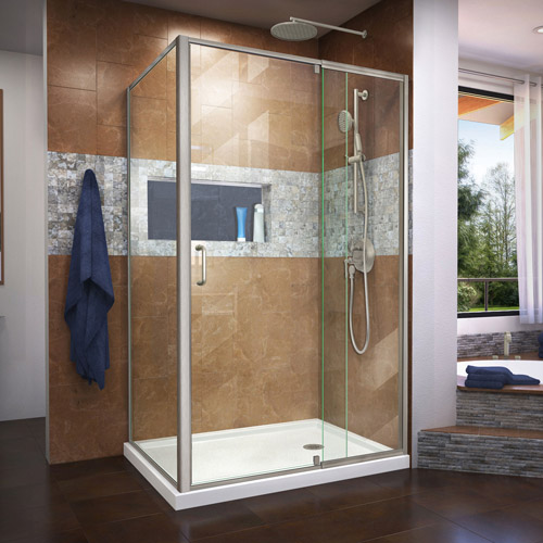 DreamLine Flex 36 in. D x 48 in. W x 74 3/4 in. H Semi-Frameless Shower Enclosure in Brushed Nickel with Right Drain White Base