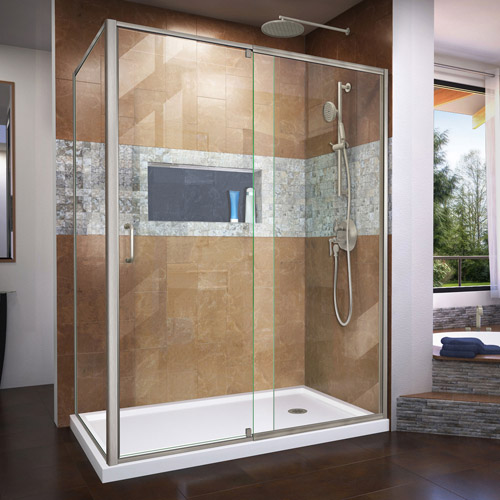 DreamLine Flex 36 in. D x 60 in. W x 74 3/4 in. H Semi-Frameless Shower Enclosure in Brushed Nickel with Right Drain White Base