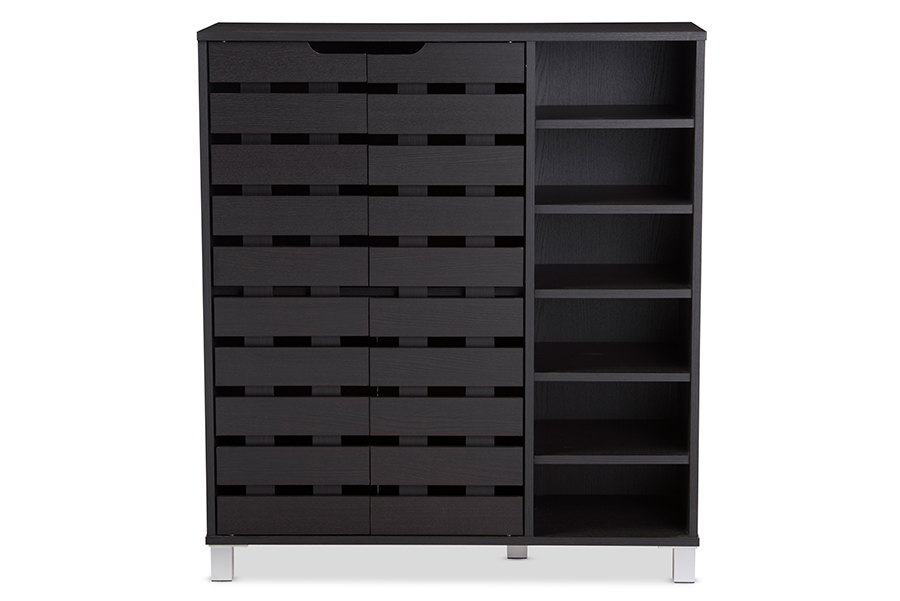 Baxton Studio Shirley Modern and Contemporary Dark Brown Wood 2-Door Shoe Cabinet with Open Shelves