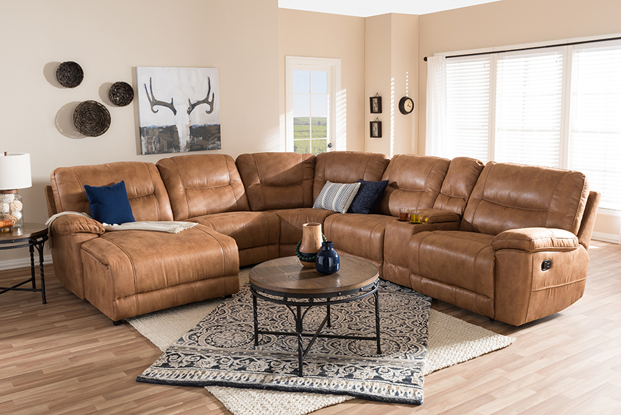 Baxton Studio Mistral Modern and Contemporary Light Brown Palomino Suede 6-Piece Sectional with Recliners Corner Lounge Suite