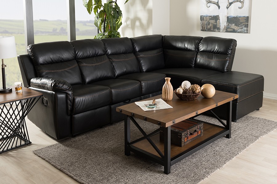Baxton Studio Roland Modern and Contemporary Black Faux Leather 2-Piece Sectional with Recliner and Storage Chaise