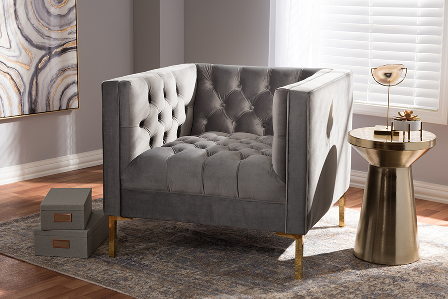 Baxton Studio Zanetta Luxe and Glamour Grey Velvet Upholstered Gold Finished Lounge Chair