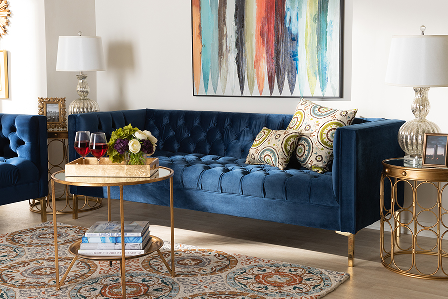Baxton Studio Zanetta Glam and Luxe Navy Velvet Upholstered Gold Finished Sofa