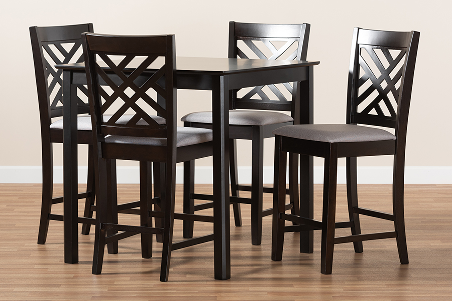 Baxton Studio Caron Modern and Contemporary Gray Fabric Upholstered Espresso Brown Finished 5-Piece Wood Pub Set