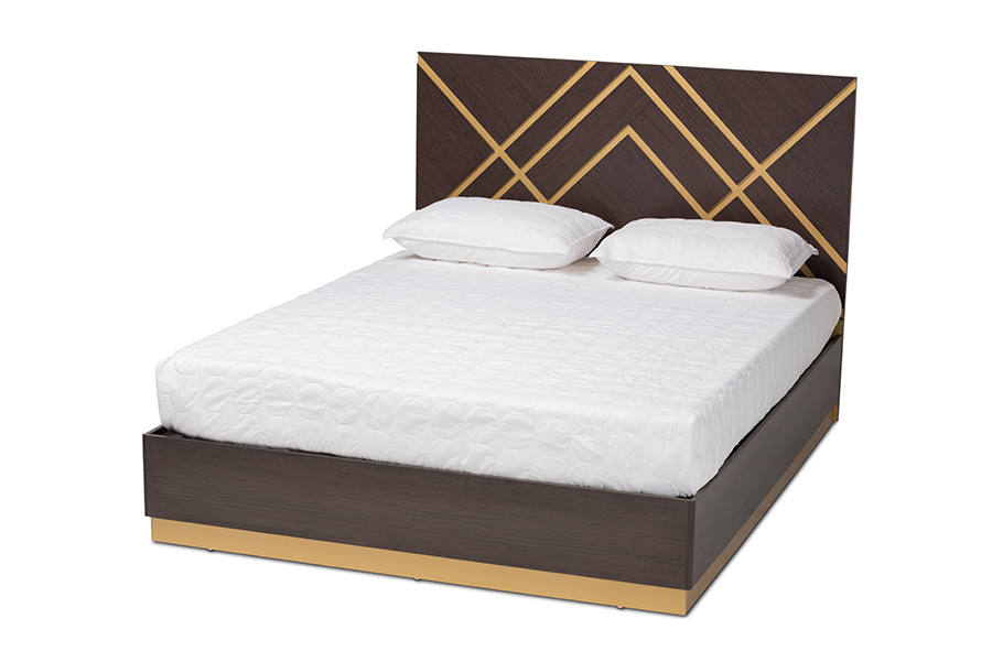 Baxton Studio Arcelia Contemporary Glam and Luxe Two-Tone Dark Brown and Gold Finished Wood Queen Size Platform Bed