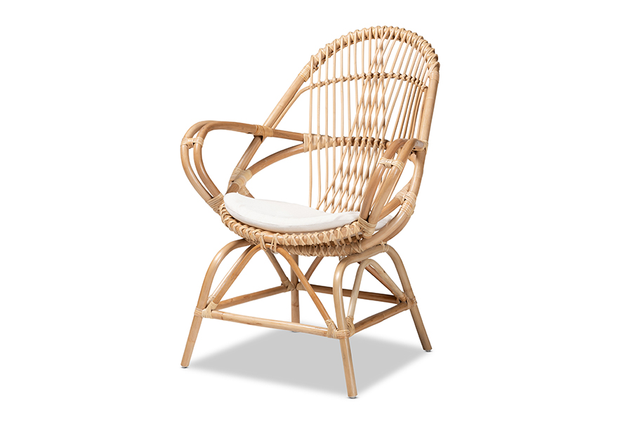 Baxton Studio Jayden Modern Bohemian White Fabric Upholstered and Natural Brown Finished Rattan Accent Chair