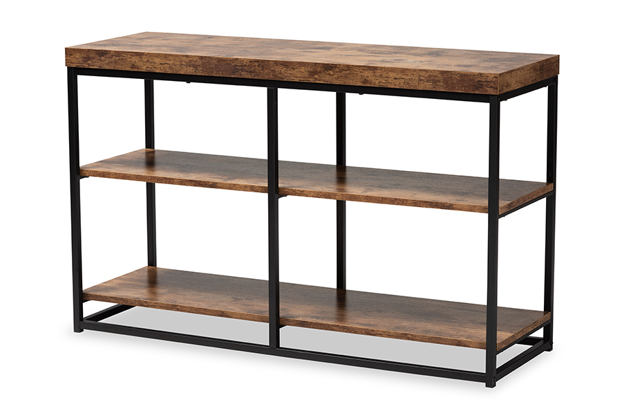 Baxton Studio Bardot Modern Industrial Walnut Brown Finished Wood and Black Metal 3-Tier Console Table