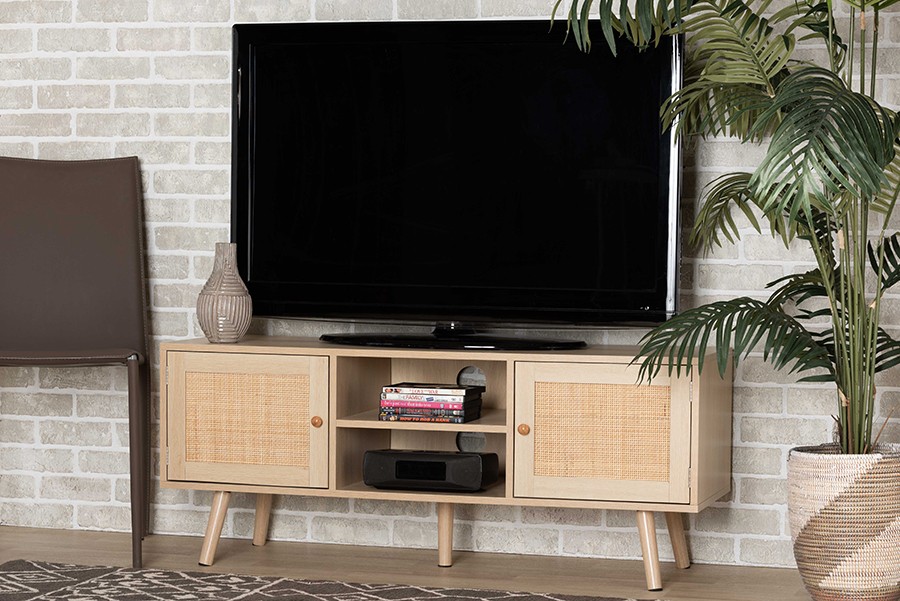 Baxton Studio Sebille Mid-Century Modern Light Brown Finished Wood 2-Door TV Stand with Natural Rattan