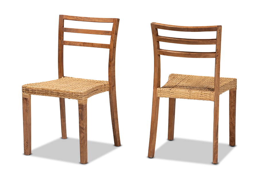 Baxton Studio Arthur Mid-Century Modern Walnut Brown Mahogany Wood and Natural Rattan 2-Piece Dining Chair Set