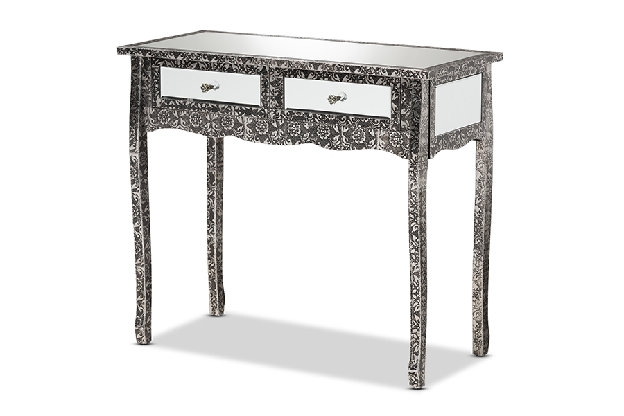 Baxton Studio Wycliff Industrial Glam and Luxe Silver Finished Metal and Mirrored Glass 2-Drawer Console Table