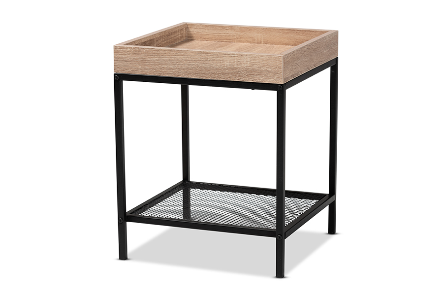 Baxton Studio Overton Modern Industrial Oak Brown Finished Wood and Black Metal End Table