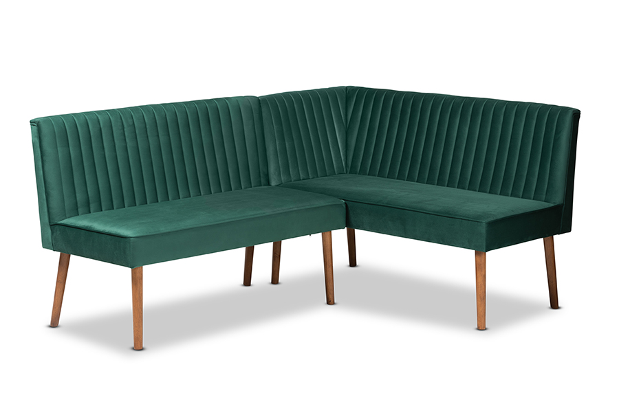 Baxton Studio Alvis Mid-Century Modern Emerald Green Velvet Upholstered and Walnut Brown Finished Wood 2-Piece Dining Nook Banqu