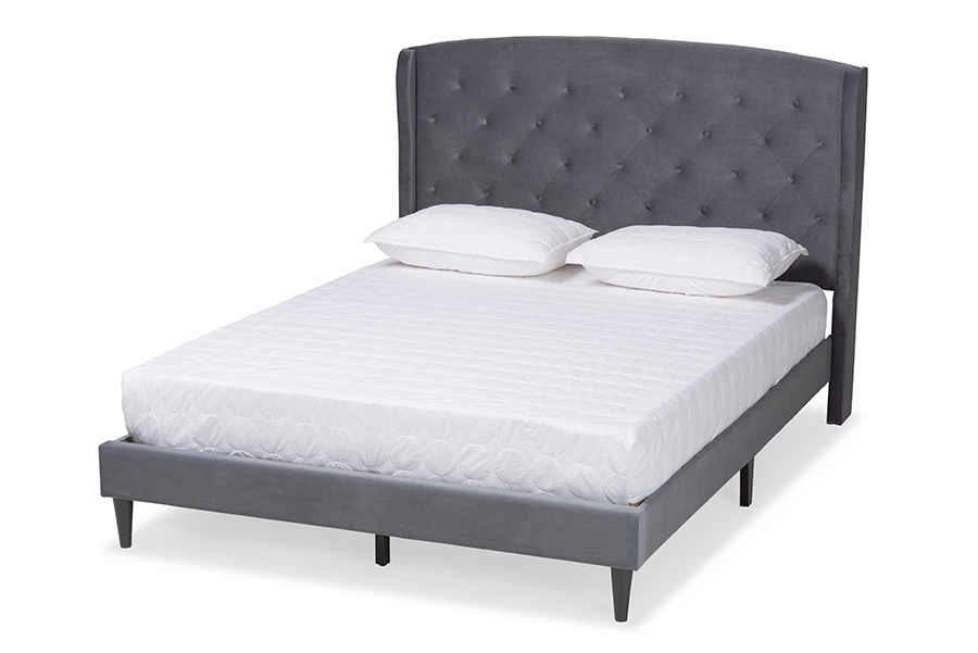 Baxton Studio Joanna Modern and Contemporay Grey Velvet Fabric Upholstered and Dark Brown Finished Wood Queen Size Platform Bed