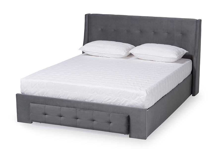Baxton Studio Noella Modern and Contemporary Grey Velvet Fabric Upholstered Queen Size 1-Drawer Platform Storage Bed