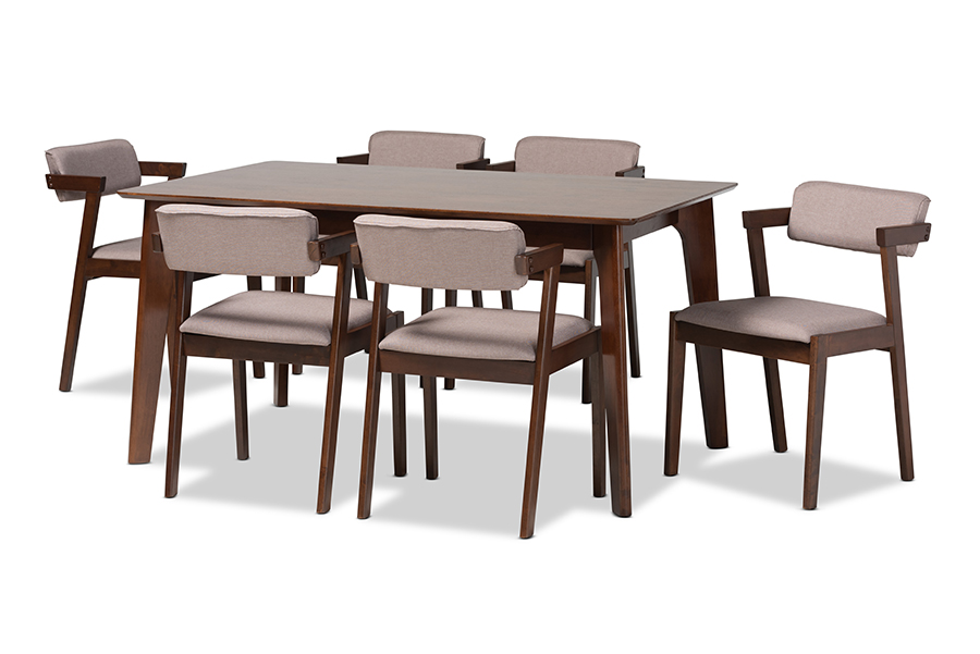 Baxton Studio Althea Mid-Century Modern Transitional Warm Grey Fabric and Dark Brown Finished Wood 7-Piece Dining Set